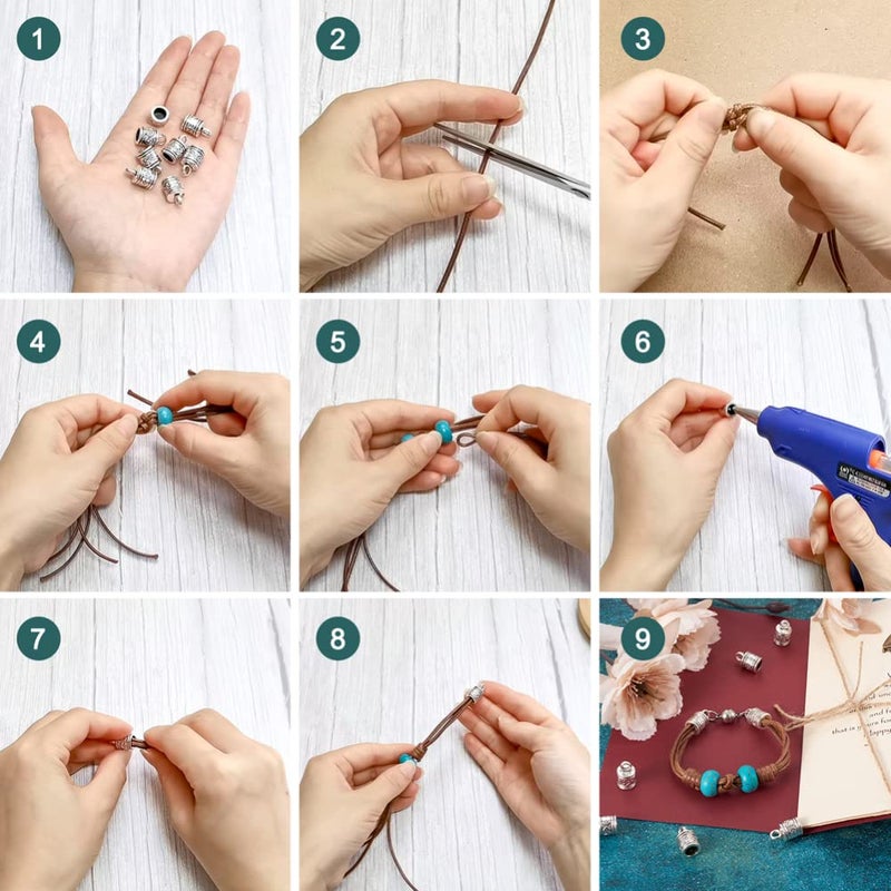 EEE ELECRELIVE 240pcs Tibetan Silver Glue in Leather Cord End Tassel Caps 14 Styles Column Barrel Loop Clasps with Lobster Clasp & Jump Rings for DIY Kumihimo Jewelry Making 3~16mm Cord - Image 5